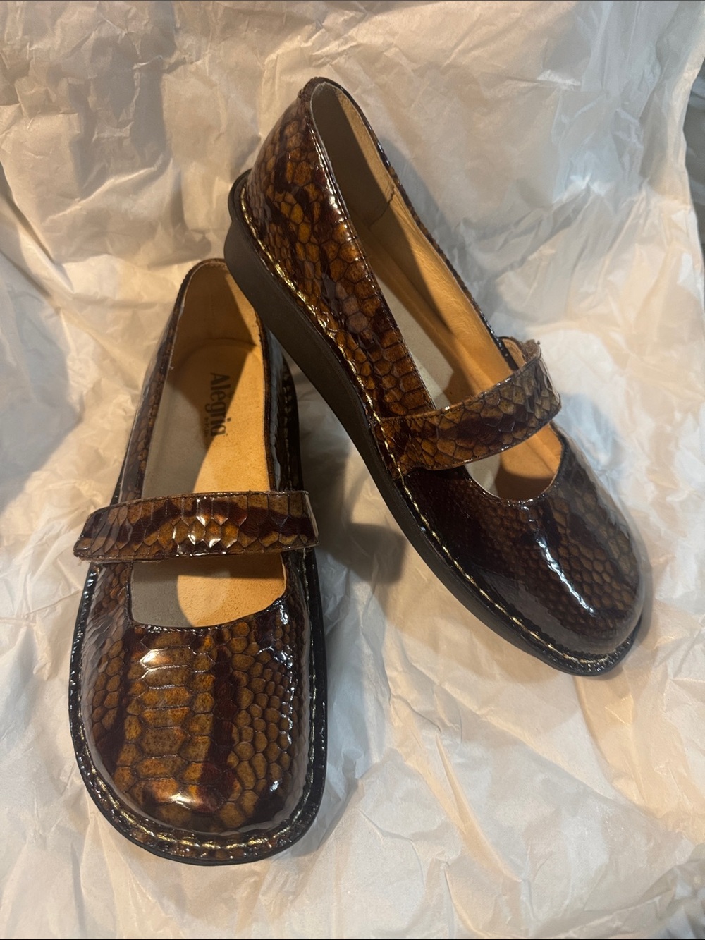 ALEGRIA FELIZ MARY JANE COMFORT SHOES BROWN SNAKE PRINT PATENT LEATHER - SIZE 41 - Picture 2 of 7